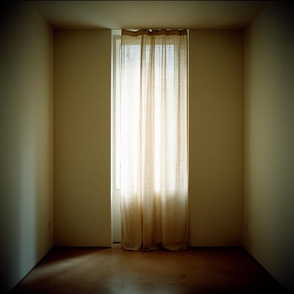Soft morning light through a sheer linen curtain in a quiet, empty room